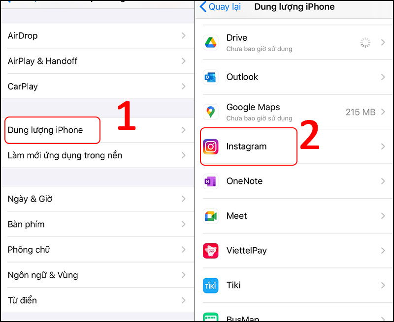  Chọn Dung lượng iPhone > Chọn Instagram.